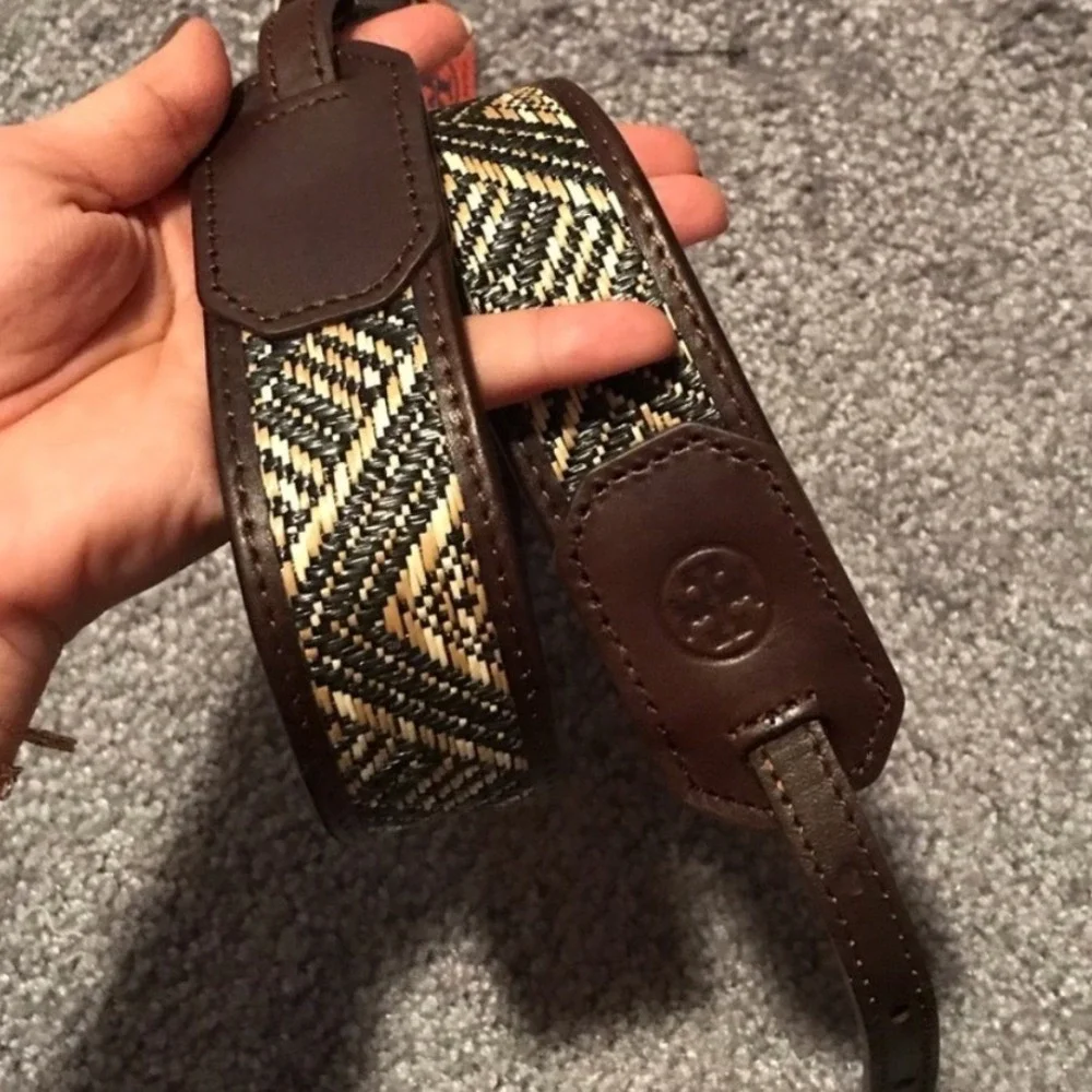 Tory Burch Boho Woven Leather Belt XS Brown Black Cream Geometric Gold Buckle